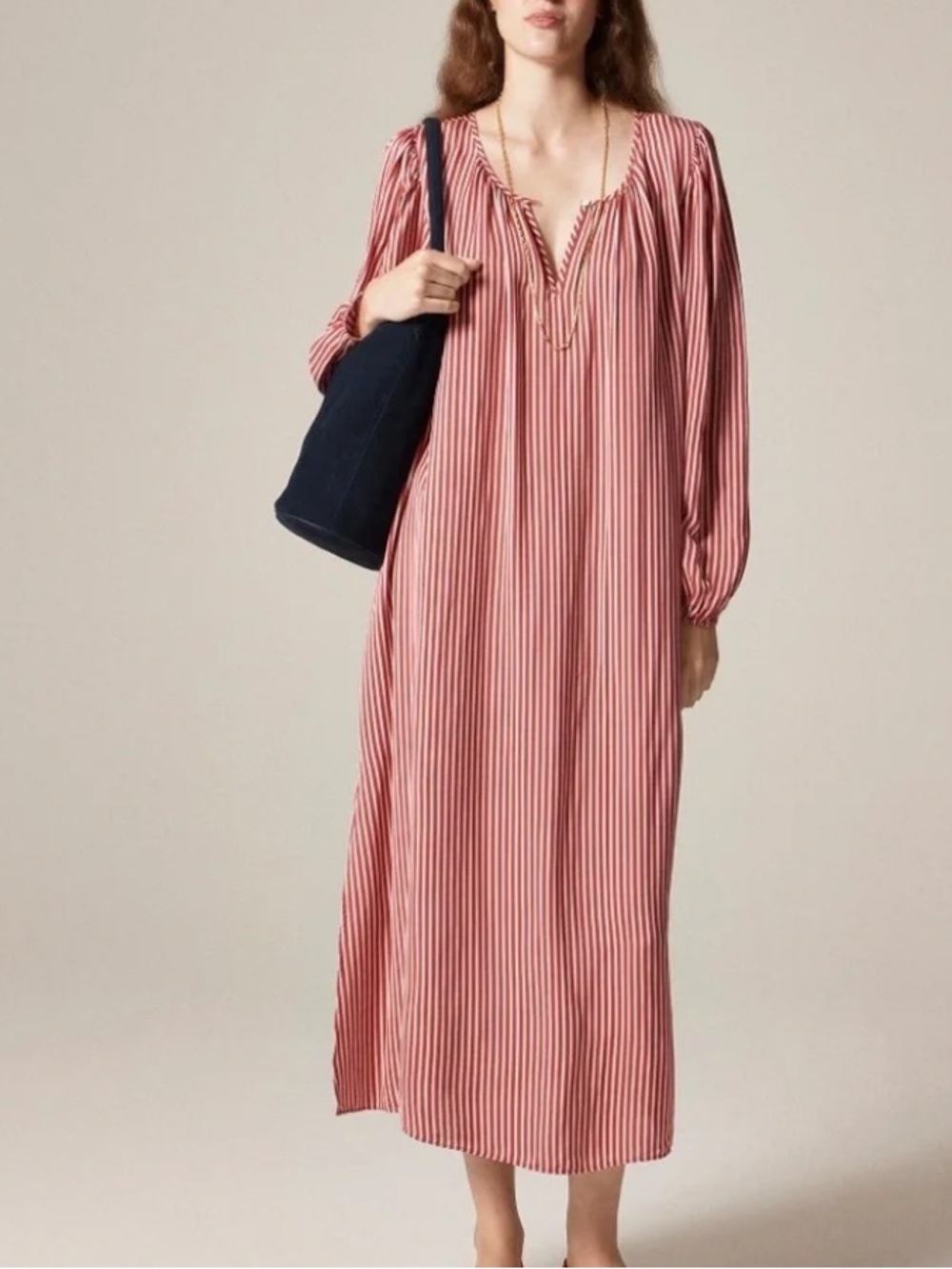 J Crew Long Sleeve Drapey Tie Waist Midi‎ Dress NWT Small Red with White Stripe